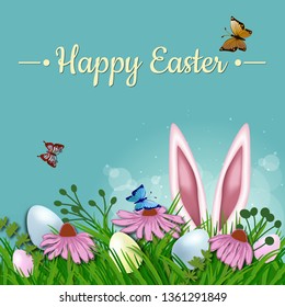 Vector vintage, realistic background for Easter. Template. Rabbit ears sticking out of the grass and the card with place for congratulations