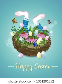 Vector vintage, realistic background for Easter. Template. Rabbit paws sticking out of the grass and the card with place for congratulations