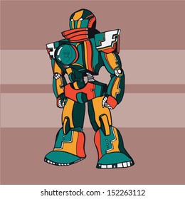 Vector vintage realistic robot piloting by kid
