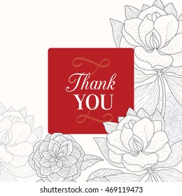 Vector Vintage Red Black Frame Floral Drawing Wedding Thank You Card With Stylish Flowers and Text In Classic Retro Design.