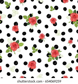 Vector vintage red, black, and white roses and leaves on polka dot background seamless repeat pattern. Great for retro fabric, wallpaper, scrapbooking projects. Surface pattern design.