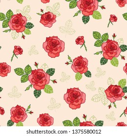 Vector vintage red roses with buds and leaves on pastel background seamless pattern. Great for retro fabric, wallpaper, scrapbooking projects.