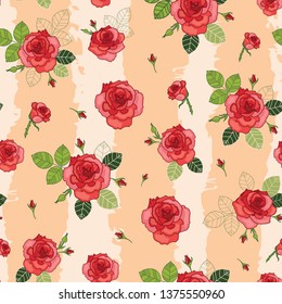 Vector vintage red roses and leaves on pastel  striped background seamless pattern. Great for retro fabric, wallpaper, scrapbooking projects.