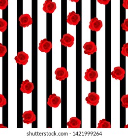 Vector vintage red roses and leaves on black striped background seamless repeat pattern. Great for retro fabric, wallpaper, scrapbooking projects.