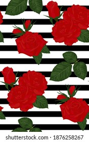 Vector vintage red roses and leaves on black striped background. Seamless pattern
