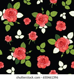 Vector vintage red roses and leaves on black background seamless repeat pattern. Great for retro fabric, wallpaper, scrapbooking projects.