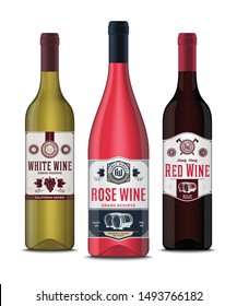 Vector vintage red, white and rose wine labels and wine bottle mockups. Winemaking business branding and identity design elements