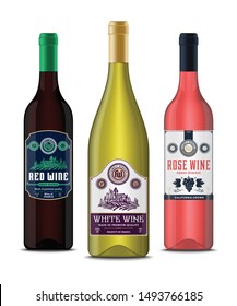Vector vintage red, white and rose wine labels and wine bottle mockups. Winemaking business branding and identity design elements