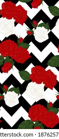 Rosas vectoriales rojas y blancas sobre fondo geométrico. Patrón transparente