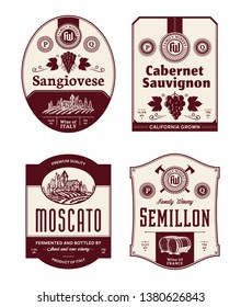 Vector vintage red and white wine labels. Winemaking business branding and identity design elements.