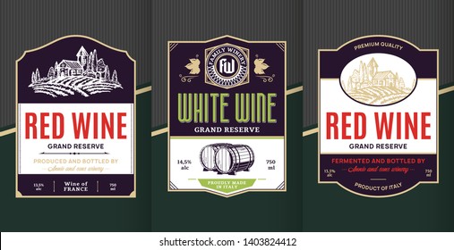 Vector vintage red and white wine labels. Winemaking business branding and identity design elements.