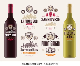 Vector vintage red and white wine labels and wine bottle mockups. Sauvignon blanc, pinot noit, pinot grigio, lambrusco, sangiovese, riesling, labels. Winemaking business branding and identity.