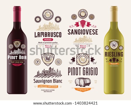 Vector vintage red and white wine labels and wine bottle mockups. Sauvignon blanc, pinot noit, pinot grigio, lambrusco, sangiovese, riesling, labels. Winemaking business branding and identity.