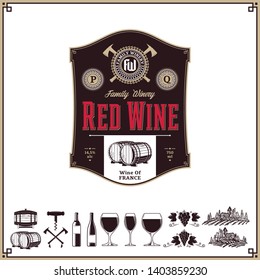 Vector vintage red wine label. Winemaking business branding and identity design elements.