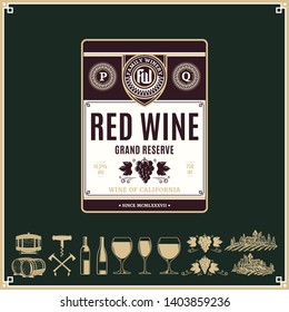 Vector vintage red wine label. Winemaking business branding and identity design elements.