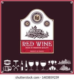 Vector vintage red wine label. Winemaking business branding and identity design elements.