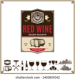Vector vintage red wine label. Winemaking business branding and identity design elements.