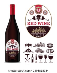 Vector vintage red wine label and wine bottle mockup. Winemaking business branding and identity icons and design elements