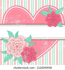 Vector vintage retro background, heart and flowers, place for text. Template for wedding invitations, retro frame, greeting cards, label, cover.