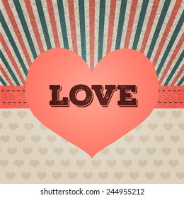 vector vintage retro card with one big red pink heart on small hearts pattern and color ribbon with rays 