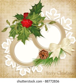 vector vintage retro christmas background with sprig of European holly and tree with cones