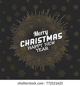 Vector vintage retro christmas label on black background with golden sun rays