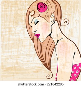 Vector vintage, retro, grunge, hand drawn style illustration of sexy girl