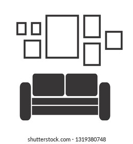 Vector vintage retro interior with sofa and frames for pictures on the wall in flat design