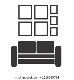 Vector vintage retro interior with sofa and frames for pictures on the wall in flat design