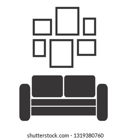 Vector vintage retro interior with sofa and frames for pictures on the wall in flat design