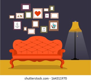 Vector vintage retro interior with sofa and frames for pictures on the wall in flat design