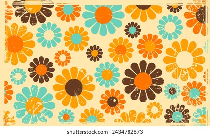 Vector Vintage Retro Nostalgic 60er 70er Jahre Ästhetische Blumenmuster Hintergrund mit rauer verschütteter Tinte Kratzer Druck Skalierbare Textur