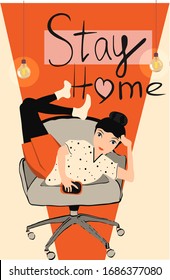 Vector vintage retro poster with lettering Stay Home. Black and red colors. Flexible female person exercising in chair. Quarantine mood. Isolation occupation days be like this. Flat design digital art