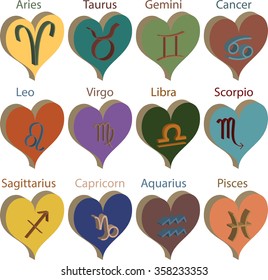 Vector vintage retro set of zodiac symbols inside hearts