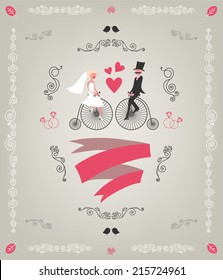 vector vintage retro wedding invitation, hand drawn design elements, groom and bride sitting on bicycles