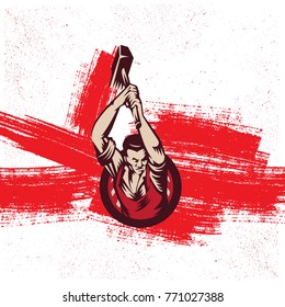 Vector vintage revolution logo element. Propaganda Background Style Revolution raising The Sledgehammer.