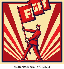 Vector Vintage Revolution Poster, With Man Holding The Propaganda Banner.