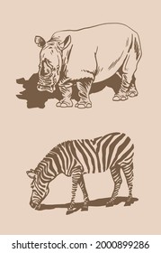 Vector vintage rhino and zebra,African animals sepia background