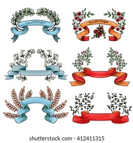 Vector vintage ribbons with flowers and branches isolated on white background in retro style