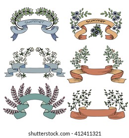 Vector vintage ribbons with flowers and branches isolated on white background in retro style