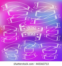 Vector vintage ribbons set. Premium quality transparent white ribbons isolated on trendy gradient background. Flat design graphics elements for banners, website, printed materials. Vector illustration