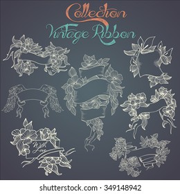 Vector vintage robbon's collection. Cute and retro line flowers and ribbon
