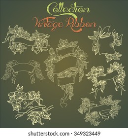 Vector vintage robbon's collection with cute line flower and leafs