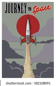 Vector Vintage Rocket Ship Poster Journey to Space 