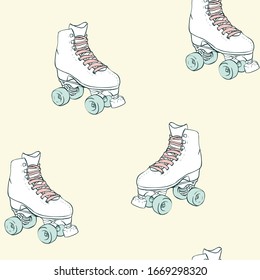 Patines de rodillos vectoriales en un fondo de patrón transparente amarillo Pastel.