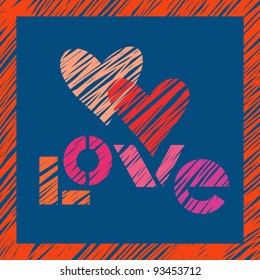 Vector vintage romantic background with  hearts, frame and lettering made using stencil. Greeting card Valentines Day with text - love.
