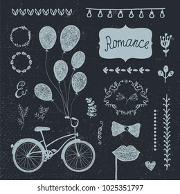 Vector vintage romantic set. Hand drawn cute love illustration collection, wedding linear retro set. Bicycle with balloons