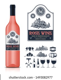 Vector vintage rose wine label and wine bottle mockup. Winemaking business branding and identity icons and design elements