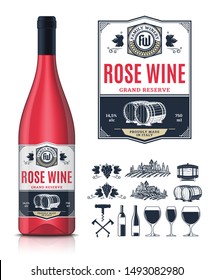 Vector vintage rose wine label and wine bottle mockup. Winemaking business branding and identity icons and design elements