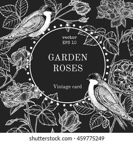 Vector vintage round frame with birds and flowers. Black and white. Fit for wedding card, invitation, greetings.